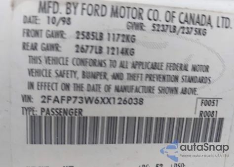 1999 Ford Crown Victoria from USA, damaged, VIN 2FAFP73W6XX126038